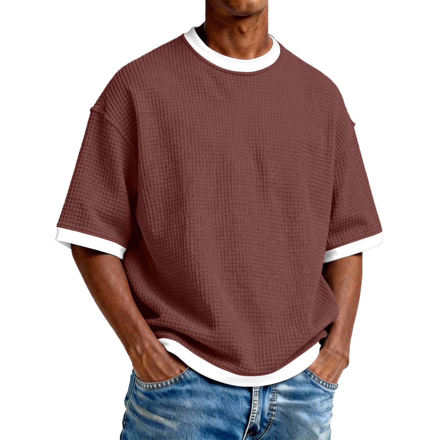 Men's Crew-Neck Contrast-Colored Casual T-Shirt